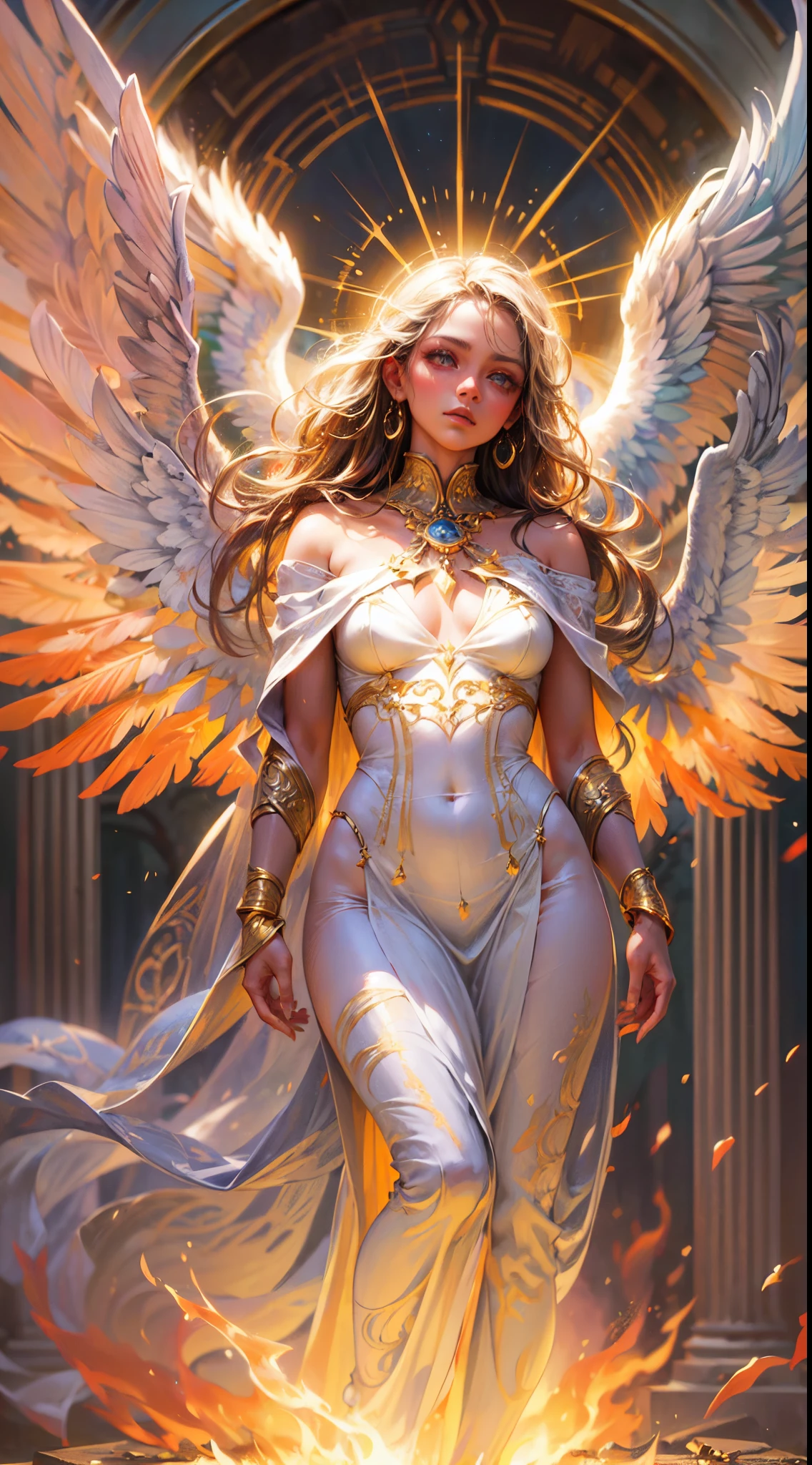 (best quality,4k,8k,highres,masterpiece:1.2),ultra-detailed,(realistic,photorealistic,photo-realistic:1.37),guardian angel and the divine flame,angel with wings and halo,detailed feathers and flowing gown,golden and radiant, ethereal figure,divine light illuminating the surroundings,sublime and awe-inspiring atmosphere,majestic and powerful presence,bright and vibrant colors,elegant and graceful posture,transcendent beauty,mystical and magical energy,heavenly glow,pure and heavenly,celestial realm,peaceful and serene background,glowing and flickering flames,evoke feelings of protection and guidance,harmony and balance,perfect integration between angel and flame,healing and comforting presence,transcendent masterpiece,inspiring and uplifting,impeccable details and textures,intricate patterns and designs,angelic visage with delicate features,stunning and breathtaking,powerful symbolism of spirituality and divinity