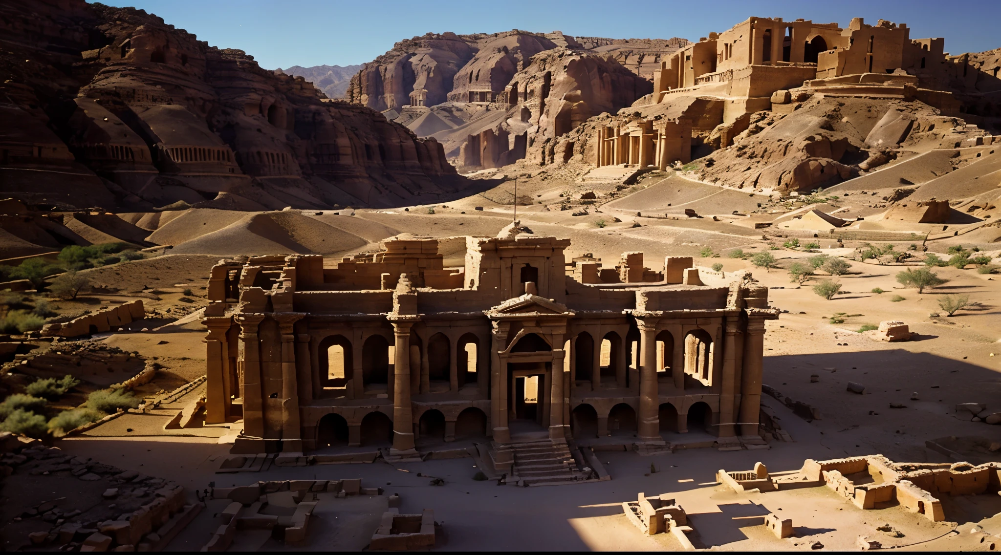 night timei, a place like Petra, houses, temples, carved into the rock. mountain. sunset hour, cinematic light. Light and shadow effects，16K smooth，A high resolution, sunset hour, arafed building in a desert with a stone structure and a sky background, ancient ruins under the desert, ancient architecture, sacred ancient architecture, buildings carved out of stone, desert temple, ancient temple, ancient buildings, colorful ancient egyptian city, beautiful ancient ruins behind, ancient persian temple dungeon, ancient persian city, at an ancient city, ancient city ruins cinematic light