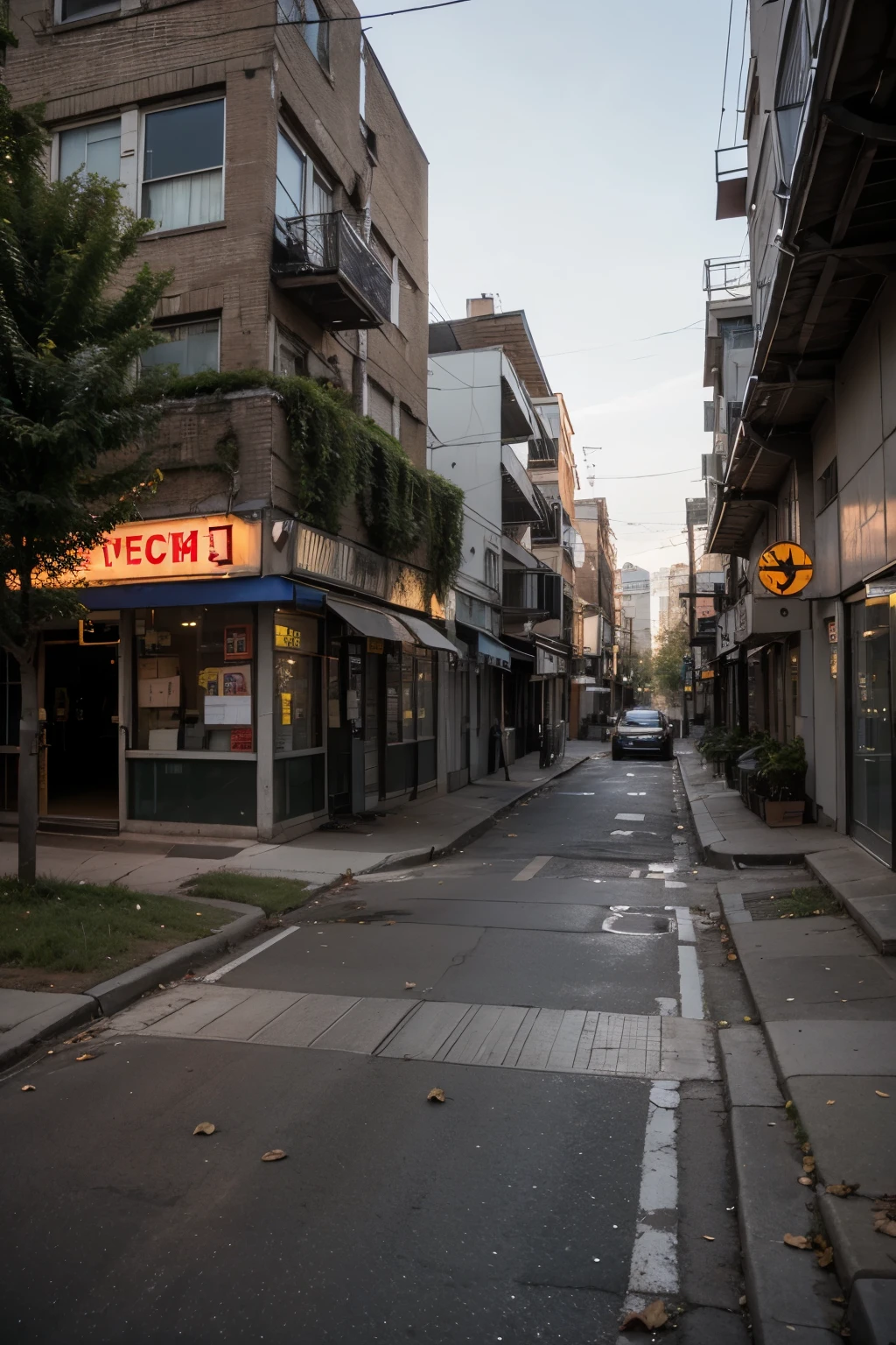 overgrown abandoned city with leaves around buildings in front of crosswalk nighttime