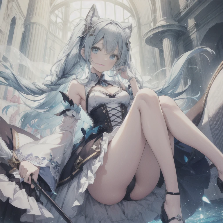 hatsuneMiku、(ultra Realistic), (An illustration), (Highres), (8K), (highlydetailed), (the best illustration), (Beautiful Detailed Eyes), (beste Quality), (Super Detailed), (Master peace), (Wallpapers), (Detailed Face), solo, 1girl, Aristocratic dresses、White hair, Iris heterochromatic eyes, small moles under eye, medium chest, Long legs,Stunning composition,Foot braids,Beautiful and detailed legs