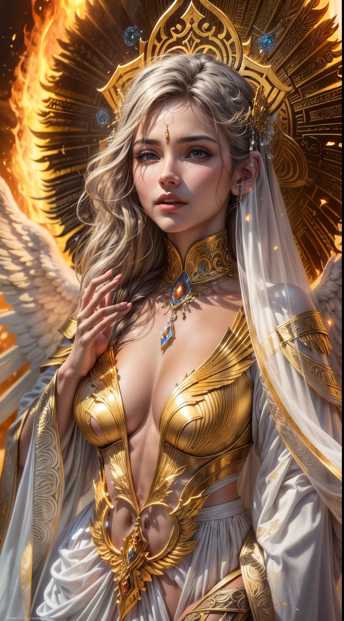 (best quality,4k,8k,highres,masterpiece:1.2),ultra-detailed,(realistic,photorealistic,photo-realistic:1.37),guardian angel and the divine flame,angel with wings and halo,detailed feathers and flowing gown,golden and radiant, ethereal figure,divine light illuminating the surroundings,sublime and awe-inspiring atmosphere,majestic and powerful presence,bright and vibrant colors,elegant and graceful posture,transcendent beauty,mystical and magical energy,heavenly glow,pure and heavenly,celestial realm,peaceful and serene background,glowing and flickering flames,evoke feelings of protection and guidance,harmony and balance,perfect integration between angel and flame,healing and comforting presence,transcendent masterpiece,inspiring and uplifting,impeccable details and textures,intricate patterns and designs,angelic visage with delicate features,stunning and breathtaking,powerful symbolism of spirituality and divinity