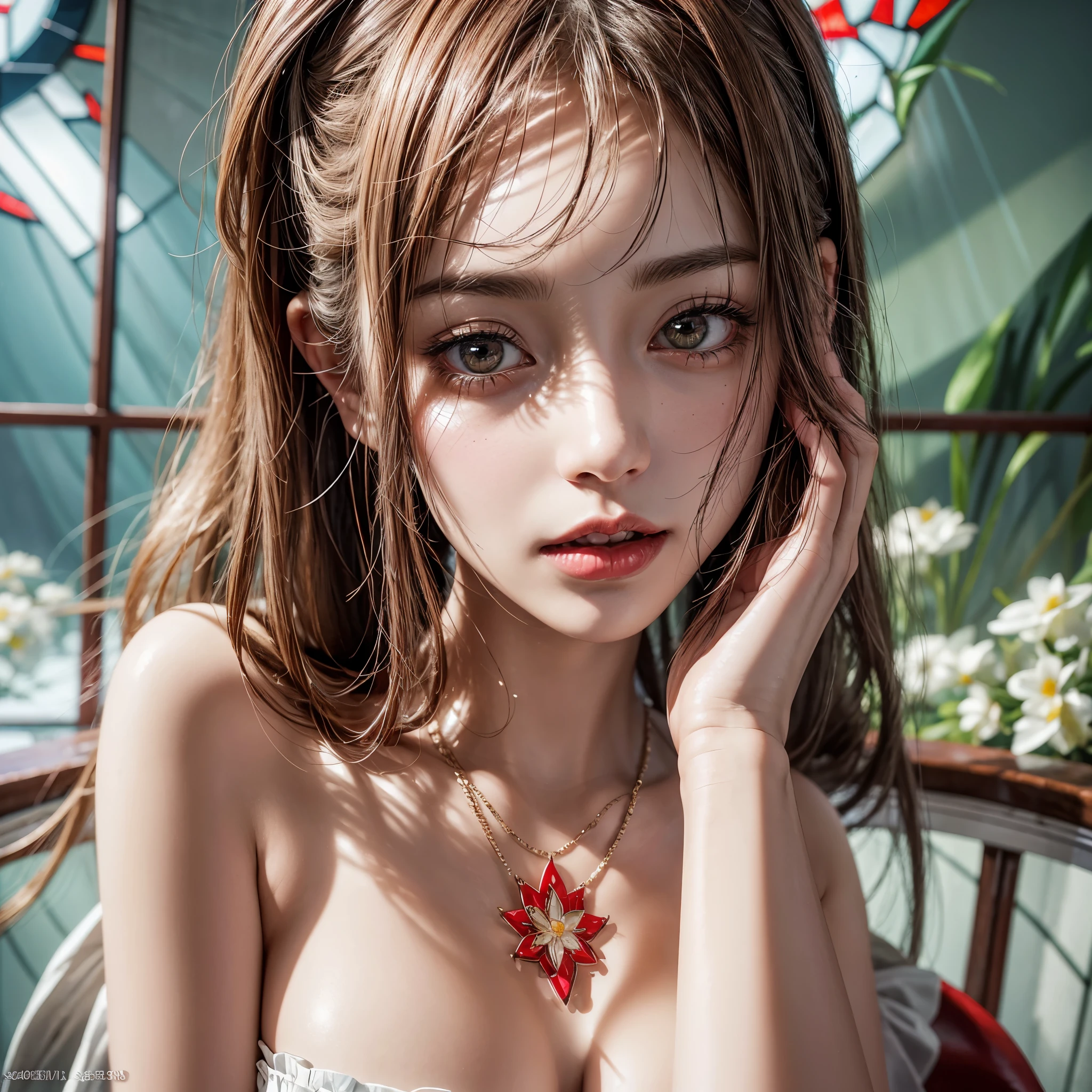 Sexy girl in ((WHITE)) and Delicate lace underwear, with Glossy RED lips, (Exposed:1.2), (nipple:-0.9), { closeup of Cute lips | Dynamic-angle }, ((Dazzling stained glass Background)), (( colorful Light shines through stunning elaborate stained glass:1.2)), vivid Red colors . ((Acutance:0.8, physically-based rendering)), (masterpiece:1.2), (ultra-detailed:1.35), (realistic, photorealistic, ((photo-realistic:1.37))with touch of rawness) . ((Renbutsu Misako)), (Extremely detailed KAWAII face variations, with Dynamic expressions),  detailed eyes with sparkling highlights, captivating gaze, long eyelashes, subtle blush on the face, rosy cheeks, impeccable oiled ivory skin texture . { full of flowers covering girl's body | Mystic sight | haze | Light Particle | Lens Particle | Lens Flare | Dazzling angle's Halo | (Red leather) high collar | Overflowing sideboob } . ((( not Detailed fingers:-0.9))) .