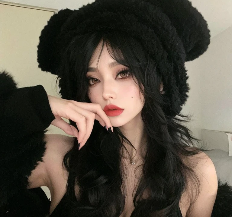Araffa woman with long black hair wearing a black bearskin hat, black wool, black cat ears, 1 7 - year - old anime goth girl, goth girl aesthetic, with long floppy rabbit ears, Dark Witch Headdress, wig, dreamy gothic girl, girl with cat ears, 1 7 - year - old goth girl, ulzzang, pale goth beauty, goth aesthetic