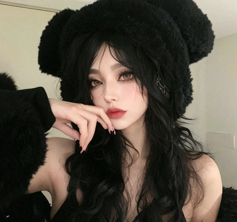 Araffa woman with long black hair wearing a black bearskin hat, black wool, black cat ears, 1 7 -  - old me goth girl, goth girl aesthetic, with long floppy rabbit ears, Dark Witch Headdress, wig, dreamy gothic girl, girl with cat ears, 1 7 - year - goth gi ulzzang, pale goth beauty, goth aesthetic