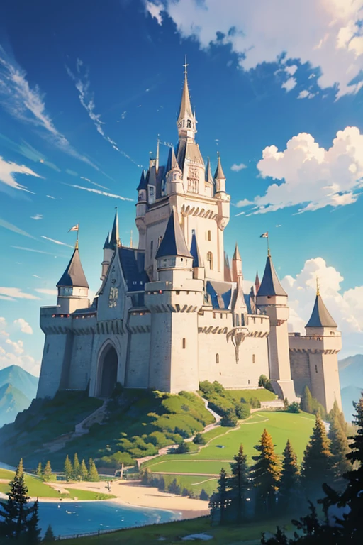 Painting of castle on hill with sky as background, castle background, castle scene manga, Epic castle with towering spiers, Claymore anime background, huge castle, anime backgrounds, 中世纪castle background, High fantasy castle, hill fort, Beautiful castle, medieval city background, anime backgrounds艺术, background fortress, Castle setting, arte de fundo, ( castle in background )