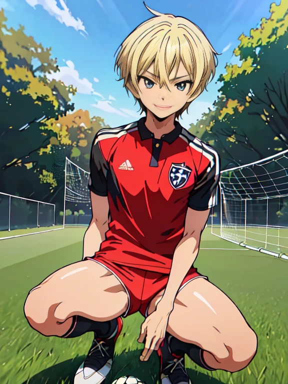 Official art,anime screen cap、superfine illustration、 hight resolution, masutepiece, best qualtiy,Best Quality,hightquality, detaileds, (A little boy),12 years old, A young ace striker male idol with a super cute face,A boy as beautiful as Planding, Cool handsome face with smile, soccer spike, Long legs, thighs thighs thighs thighs, Foots, Bulge, (blonde hair、short-haired:1.4)、 Shiny hair, (tight shiny soccer uniform suit), (tight soccer shorts), tussock, Cool pose, (厚いthighs thighs thighs thighs、Seduce your big ass to your crotch、(((soccer field in the park)))、((cocky、))、Smirk、showing butt、Ultra-fine painting, (Best Quality, 4K, 8K, hight resolution, masutepiece:1.2)