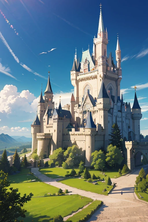 (best quality,4k,8k,highres,masterpiece:1.2),ultra-detailed,(realistic,photorealistic,photo-realistic:1.37),castle on a mountain with a sky background, epic castle with soaring towers, Claymore-style comic castle scene, gigantic castle, medieval castle with a fantasy vibe, castle on a hill, beautiful castle, medieval cityscape with a castle, high fantasy castle, castle on a mountain, stunning castle, medieval city background, comic background art, castle fortress in the background