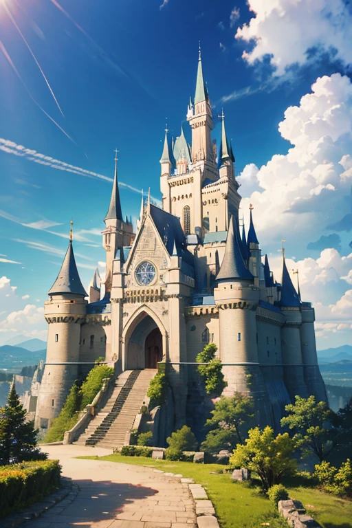 (best quality,4k,8k,highres,masterpiece:1.2),ultra-detailed,(realistic,photorealistic,photo-realistic:1.37),castle on a mountain with a sky background, epic castle with soaring towers, Claymore-style comic castle scene, gigantic castle, medieval castle with a fantasy vibe, castle on a hill, beautiful castle, medieval cityscape with a castle, high fantasy castle, castle on a mountain, stunning castle, medieval city background, comic background art, castle fortress in the background