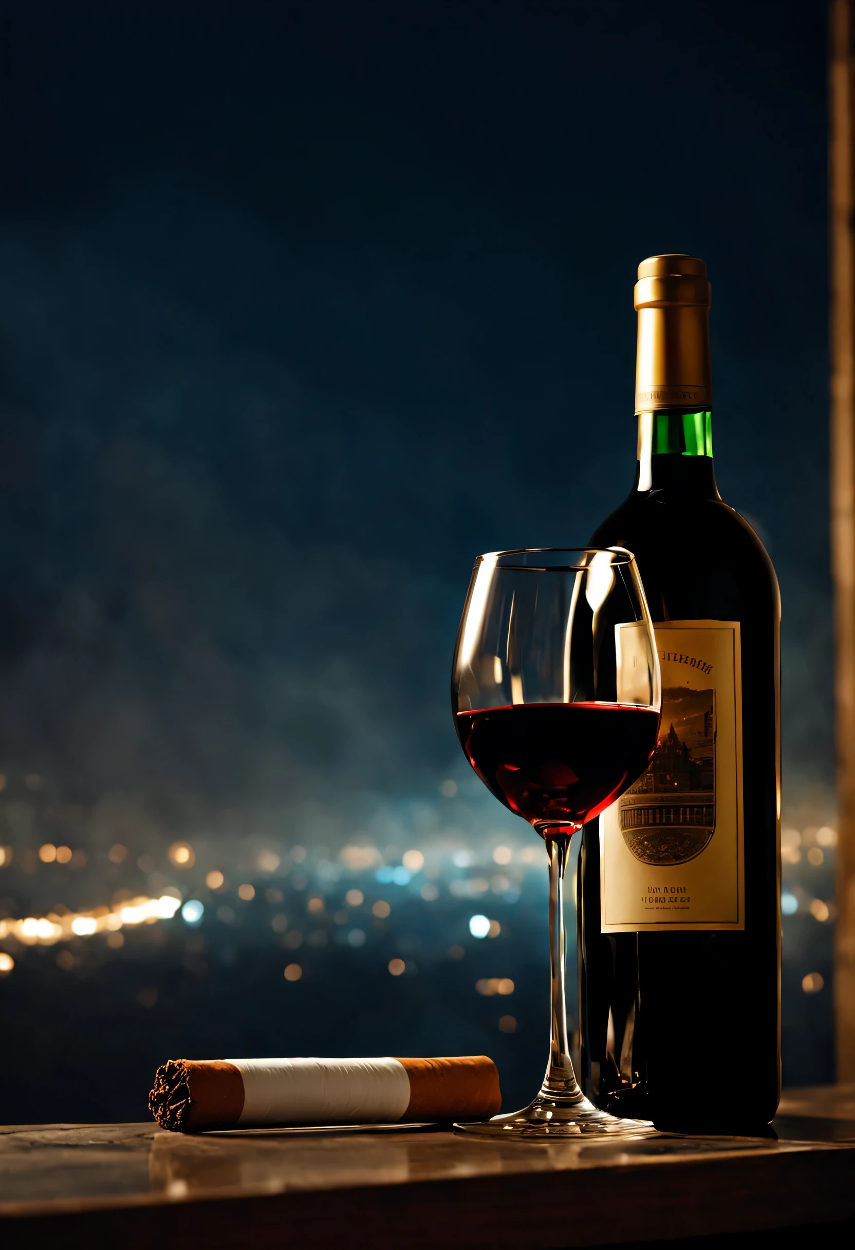 Half bottle of foreign wine, half a cigarette,，Red wine glasses，Yancheng night view