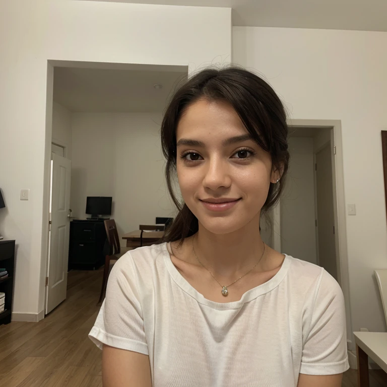 Modelo Brasileira, friendly about 20 years old,, academia, em casa, selfie, sozinha, Looking at the camera, sorrindo, segurando o celular, vestido, usando roupas, somente o rosto