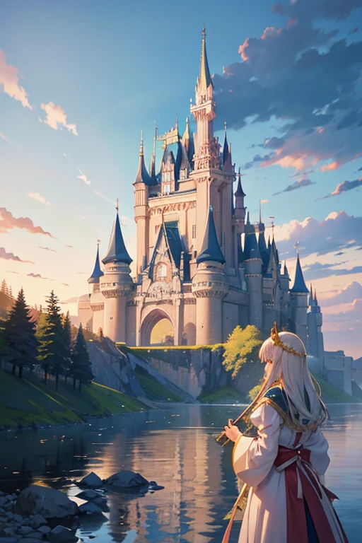 There is a castle on the hill,There is a bridge above, castle scene manga, Beautiful castle, castle background, Castle setting, huge castle, walk in the castle, 拥有高耸尖塔的Epic Castle, High fantasy castle, Epic Castle, castle in the sky style, ( castle in background ), Fantasy castle, beautiful anime scenes, anime scene, huge castle wall