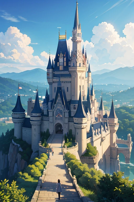 There is a castle on the hill,There is a bridge above, castle scene manga, Beautiful castle, castle background, Castle setting, huge castle, walk in the castle, 拥有高耸尖塔的Epic Castle, High fantasy castle, Epic Castle, castle in the sky style, ( castle in background ), Fantasy castle, beautiful anime scenes, anime scene, huge castle wall