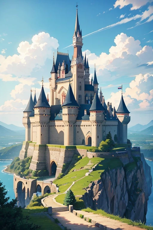 There is a castle on the hill，There is a bridge above, castle scene manga, Beautiful castle, castle background, Castle setting, huge castle, walk in the castle, 拥有高耸尖塔的Epic Castle, High fantasy castle, Epic Castle, castle in the sky style, ( castle in background ), Fantasy castle, beautiful anime scenes, anime scene, huge castle wall