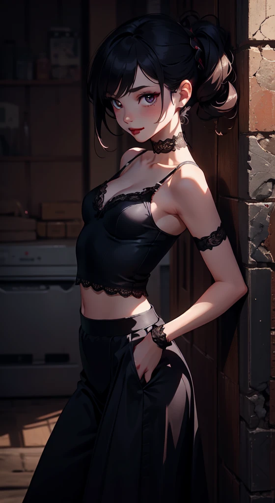 ((medium breast, small head)), daylight, sunlight, (perfect body : 1.1), (young), (short wavy hair : 1.2) , choker, full body shot, crowded street, ((wearing a pink see-through tight wet crop camisole top)), ((miniskirt)), (extremely detailed CG 8k wallpaper), (an extremely delicate and beautiful), (masterpiece), (best quality:1.0), (ultra highres:1.0),  beautiful lighting ,stiff nipple, cameltoe, perfect lightning,pulling skirt, realistic shadows, [highres], detailed skin, ultra-detailed, spread thigh, one leg up, squatting on the floor, black thighhigh, red high heels, large earring, thighs, (((colorful))), topless, beauty mark, angle from below