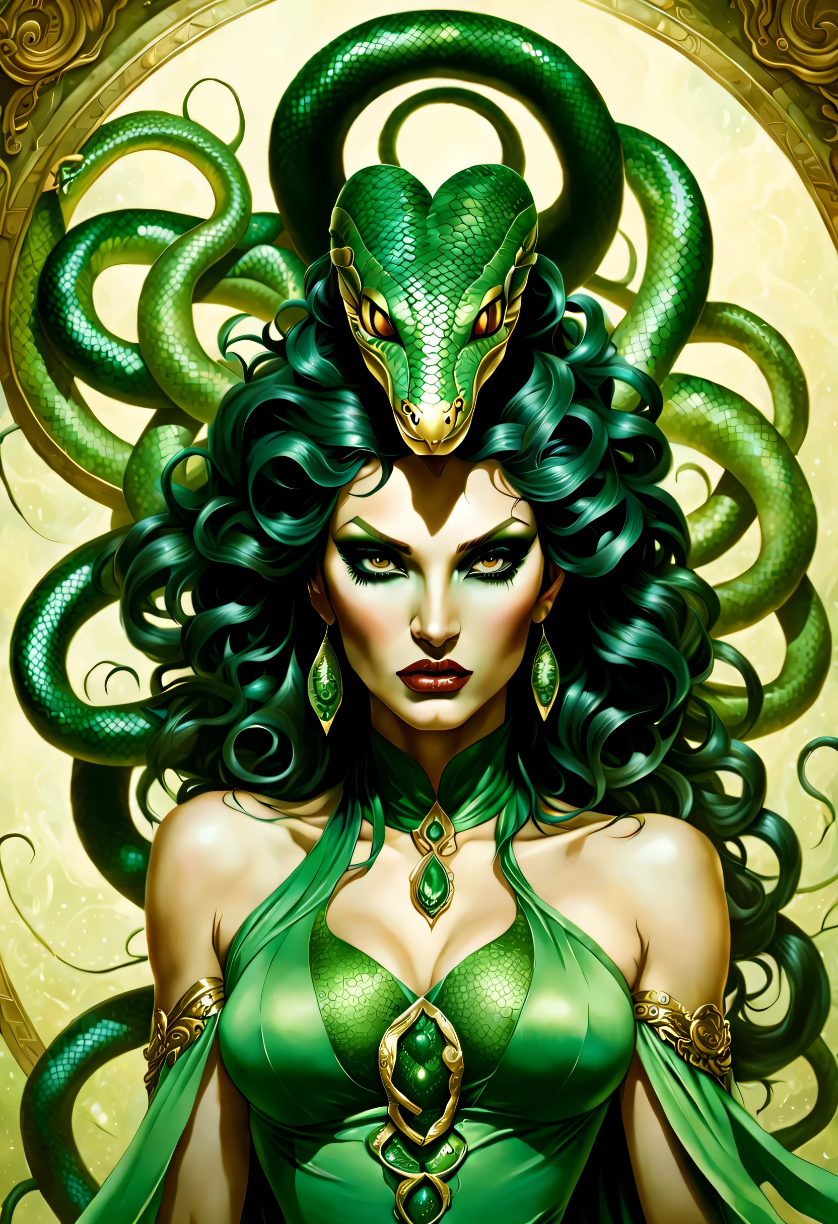 High clarity eyes, green eye lens, sharp eyes, green snakes, perfect snakes, perfect snake heads, highly detailed, flawless, "Imagine a captivating portrayal of the infamous Medusa from Greek and Roman mythology. Craft an image that combines her ethereal beauty with her tragic curse – a serpent-haired Gorgon whose gaze turns mortals to stone. Illustrate her fierce determination, the intricacies of her serpentine locks, and the mesmerizing yet perilous aura that surrounds her. Explore the emotions conveyed in her eyes and the mythology that weaves her into the tapestry of ancient legends." in Peter paul Rubens style, by Peter paul Rubens, flawless,