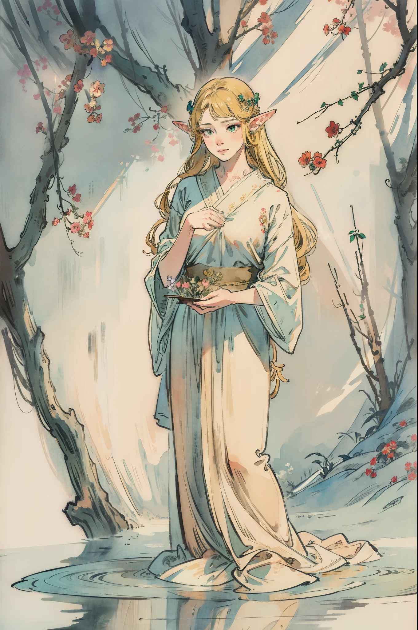 NSFW,masutepiece, Best Quality, High resolution, 1girl in, Full body, Details Girl, detail hands, Detail fingers, Detail Face, detail legs, 1girl in, elf, Looking down, Flower Garden, Black sky, smog, watercolor paiting, pale skin, Blonde hair, Long hair, Wavy Hair, saddened, mournful smile, Green eyes, tareme, medium breasts, white sundress, Bare back, Kneeling, Planting trees,(adult:1.5)(woman:1.5)(nude:1.5),zelda