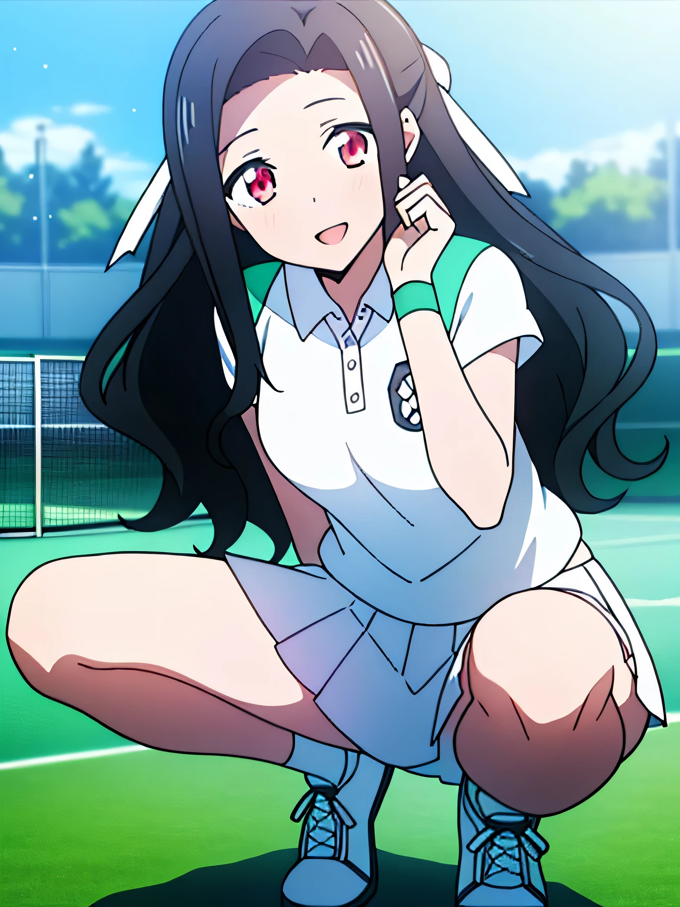 (Masterpiece), hiquality, (Detailed background), 1girl, 独奏, ChopioMayumi, black hair, Long hair, Wavy Hair, side locks, hair ribbon, red eyes, (looking a viewer:1.3), mature female, outfit_3, Tennis uniform, sports clothing, short sleeves, white skirt, pleated skirt, Green bracelet, exteriors, (court:1.2), сидящий на courtочках, Smile, open mouth, cute pose, Sunny, light beams, lens flare, Depth of field, (bokeh:1.2), white panty, Best Quality, High Resolution, Unity 8k壁纸, (illustartion:0.8), (beautiful detail eyes:1.6), extremely detailed face, perfect  lighting, extremely detailed CGI, (perfect arms, perfect anatomy)