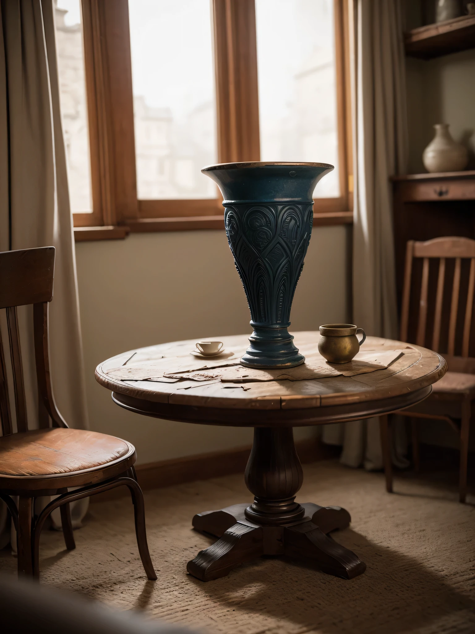 still life photo, close-up shot of a ancient art nouveau clay vase in a medieval room on an old elegant but worn-out round table, impressed decorations, imperfect surface, realistic textures, penumbral hazy environment, natural light, Hasselblad X1D