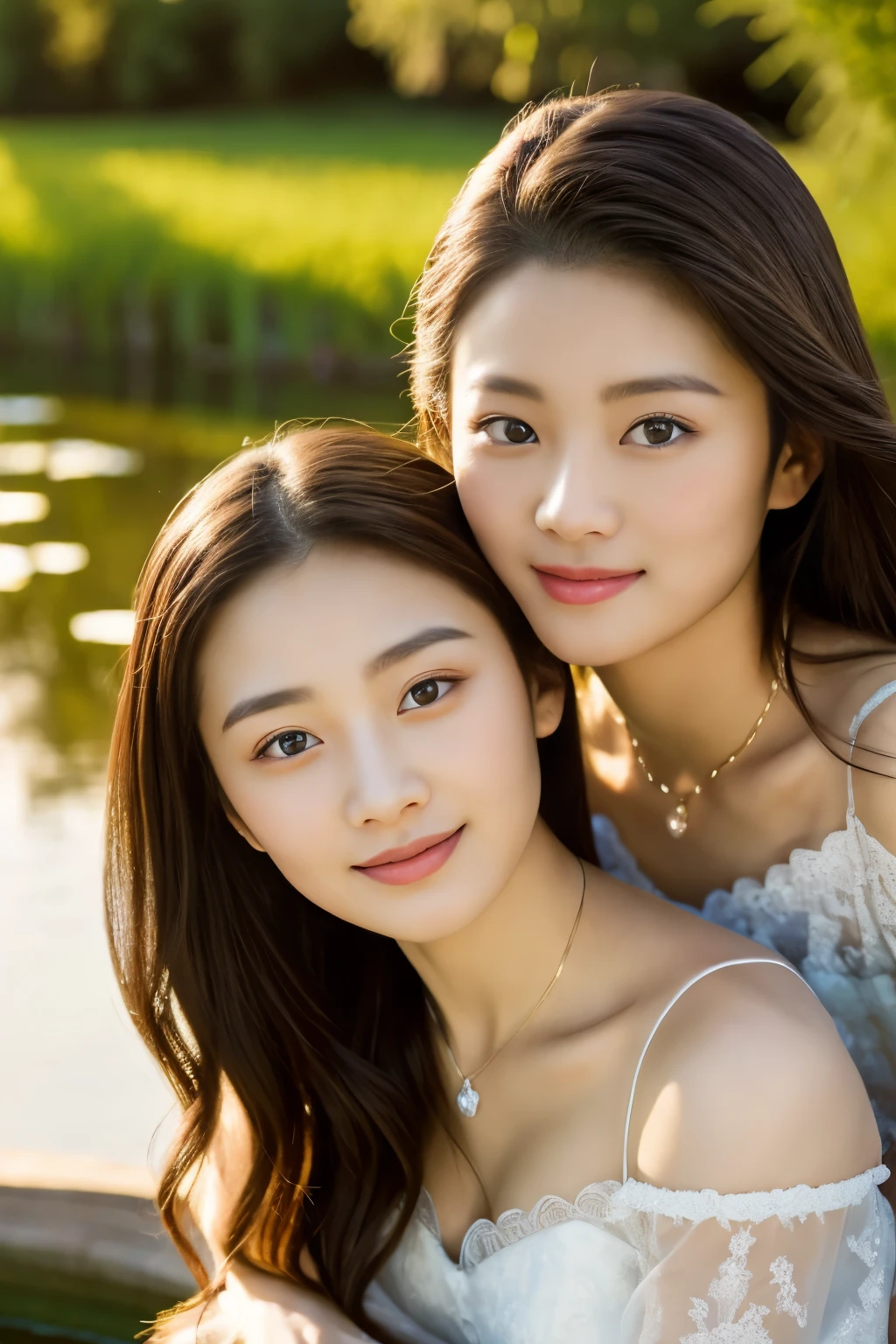 All faces and pictures must be different, high quality, highly detailed, a stunningly photorealistic closeup portrait of two beautiful Chinese women,babyfaced, intricate detailed eyes,open shoulders,skirtlift,where two mysterious women sits by the edge of a pond, capturing a romantic atmosphere under the starry sky.