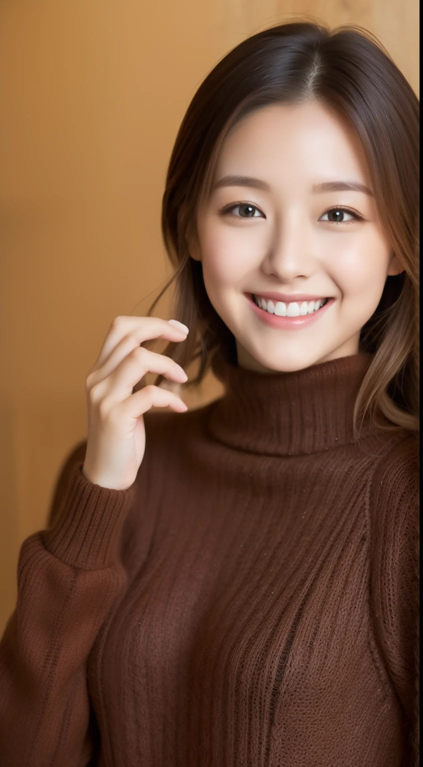 The face of a hostess、turtleneck wool sweater、hiquality、A hyper-realistic、healthy、Smiling expression、Slender perfect figure、Japan Beauty、 perfect eyes、Beautiful skin、The upper part of the body、kyoto