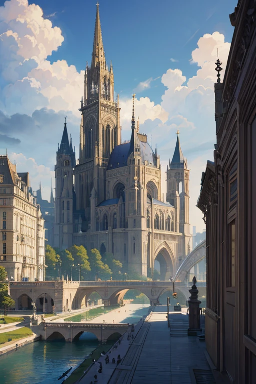 (best quality,4k,8k,highres,masterpiece:1.2),ultra-detailed,(realistic,photorealistic,photo-realistic:1.37), large building, fountain in front, town background, Renaissance-era port city background, palace background, matte illustration painting, stylized fantasy artwork, complex realistic painting, medieval city background, fantasy cityscape, highly detailed matte painting, downtown background, cathedral background, artist: Kyubin Dagao, incredibly detailed matte painting