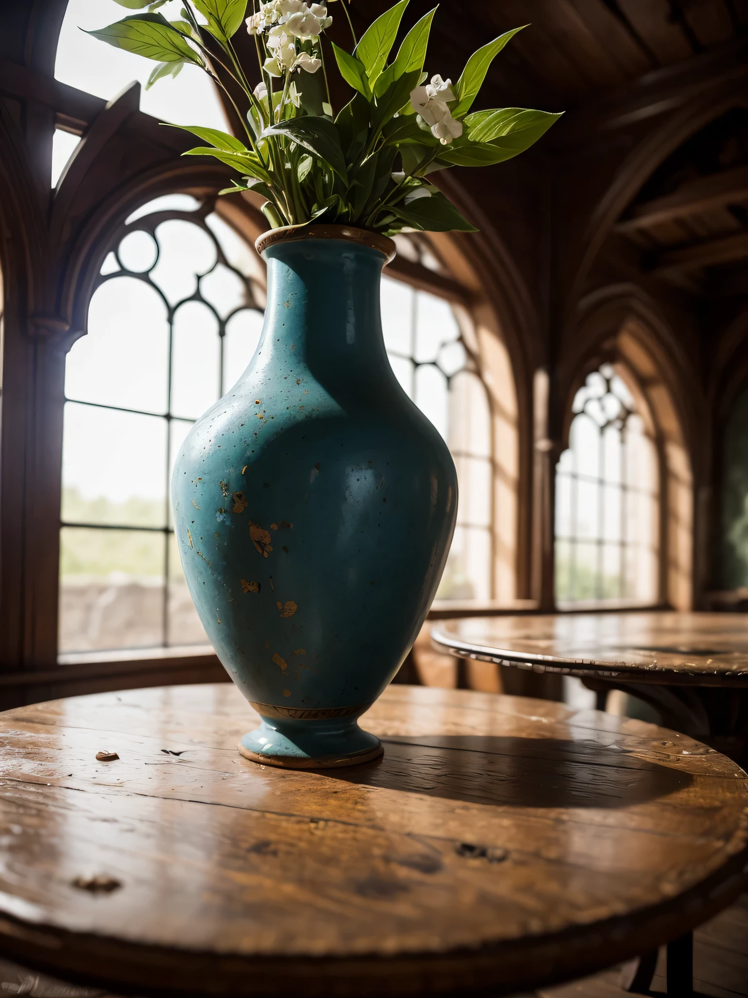 still life photo, close-up shot of a ancient art nouveau clay vase in a medieval room on an old elegant but worn-out round table, impressed decorations, imperfect surface, realistic textures, penumbral hazy environment, natural light, Hasselblad X1D