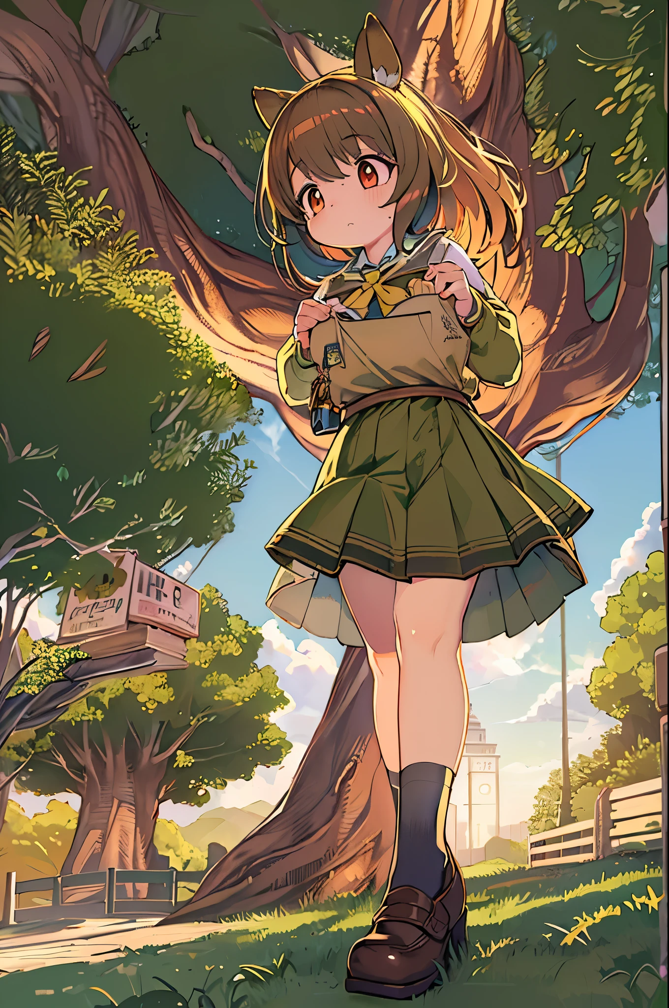 Sally Acorn, 1girl in, Solo, tree, skyporn, Outdoors, Skirt, cloud, brown, hair, Sunset, lens, f lare, Scenery, School, uniform, Sun, Wind, long, sleeves, animal snout