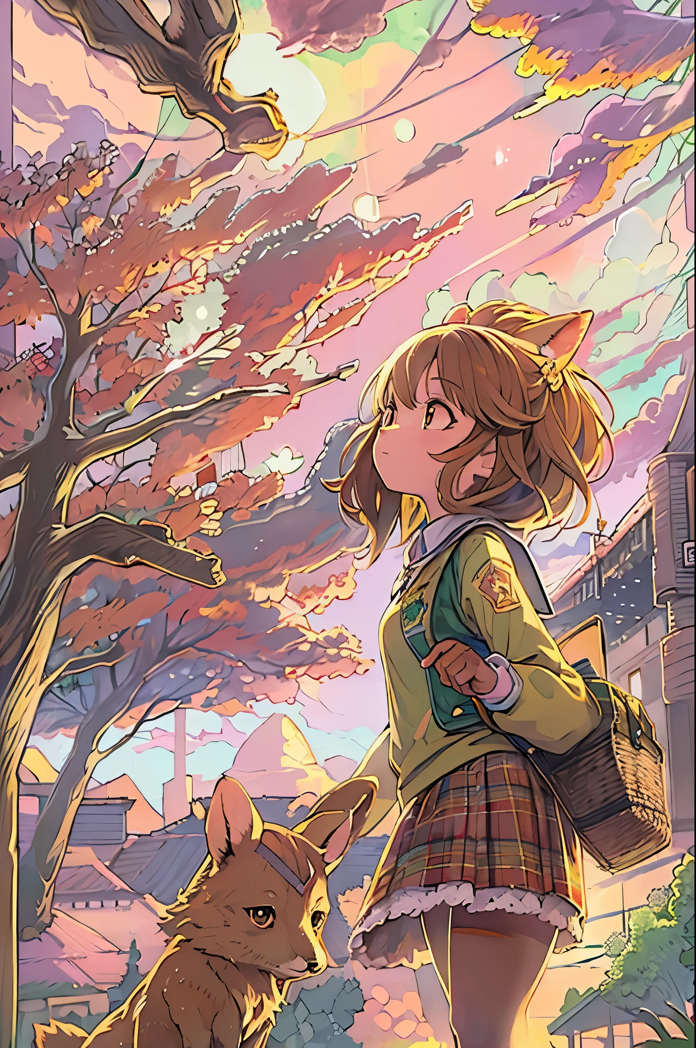 Sally Acorn, 1girl in, Solo, tree, skyporn, Outdoors, Skirt, cloud, brown, hair, Sunset, lens, f lare, Scenery, School, uniform, Sun, Wind, long, sleeves, animal snout