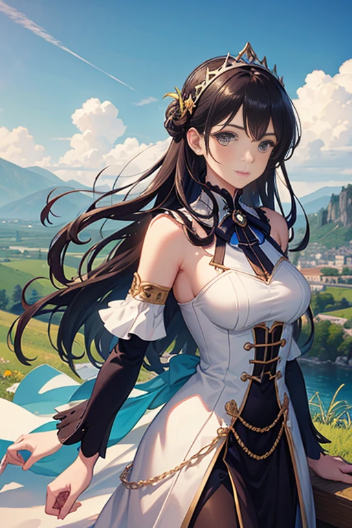 A woman with long hair brunette, white skin, green clothing, blue pants, wearing white gloves in a grass field with clouds in the sky