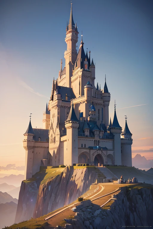 A castle on the mountain with the sky as the background, Stunning matte painting, Beautiful matte painting, High-quality matte spray paint, Extremely detailed matte painting, Highly detailed matte painting, Very beautiful matte painting, Intricate matte painting, A beautiful matte painting, Delicate matte painting, Breathtaking matte painting, Realistic matte painting, Epic castle with tall towers.