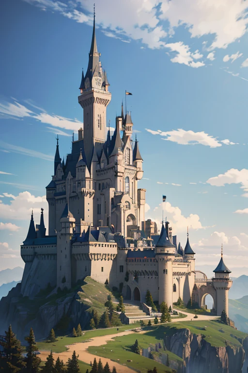 A castle on the mountain with the sky as the background, Stunning matte painting, Beautiful matte painting, High-quality matte spray paint, Extremely detailed matte painting, Highly detailed matte painting, Very beautiful matte painting, Intricate matte painting, A beautiful matte painting, Delicate matte painting, Breathtaking matte painting, Realistic matte painting, Epic castle with tall towers.