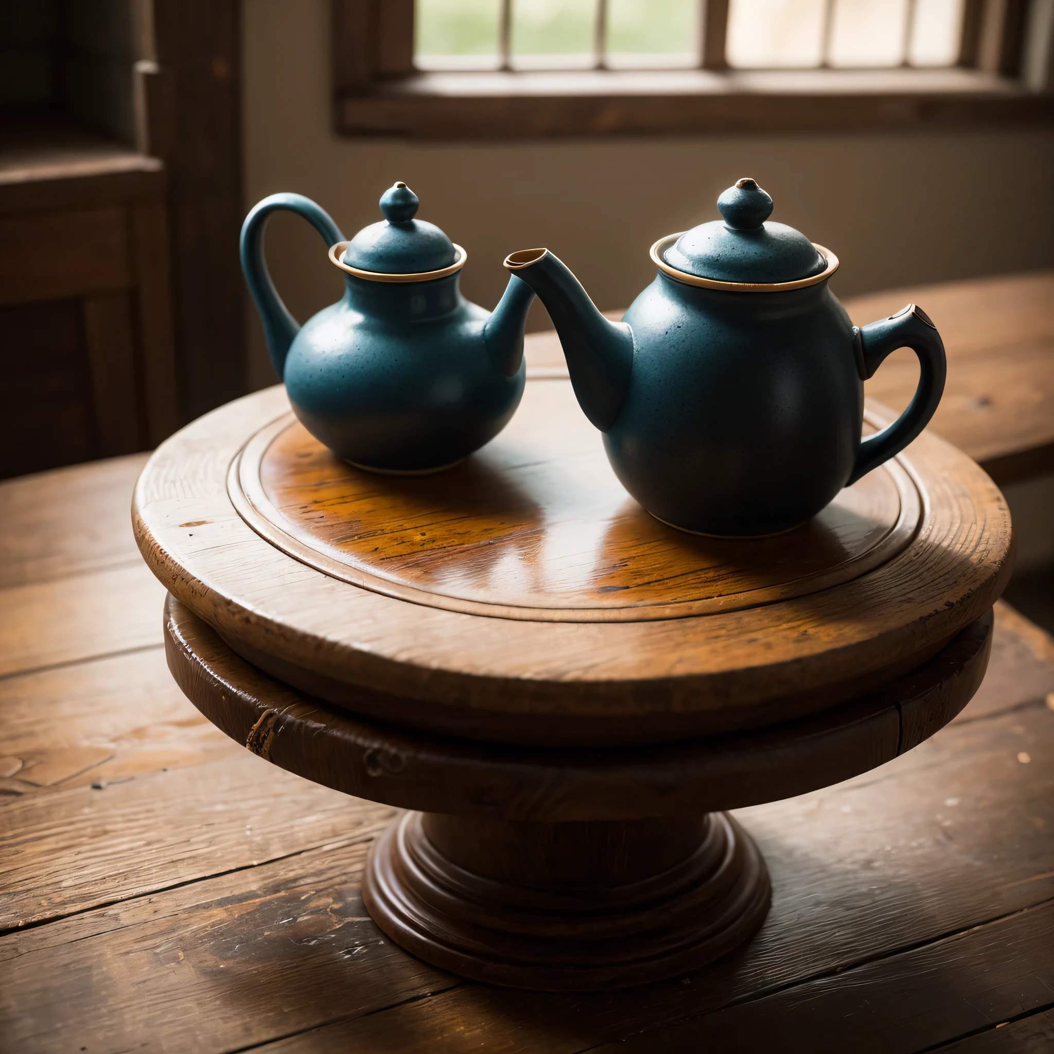 still life photo, close-up shot of a ancient art nouveau clay teapot in a medieval room on an old elegant but worn-out round table, impressed decorations, imperfect surface, realistic textures, penumbral hazy environment, natural light, Hasselblad X1D