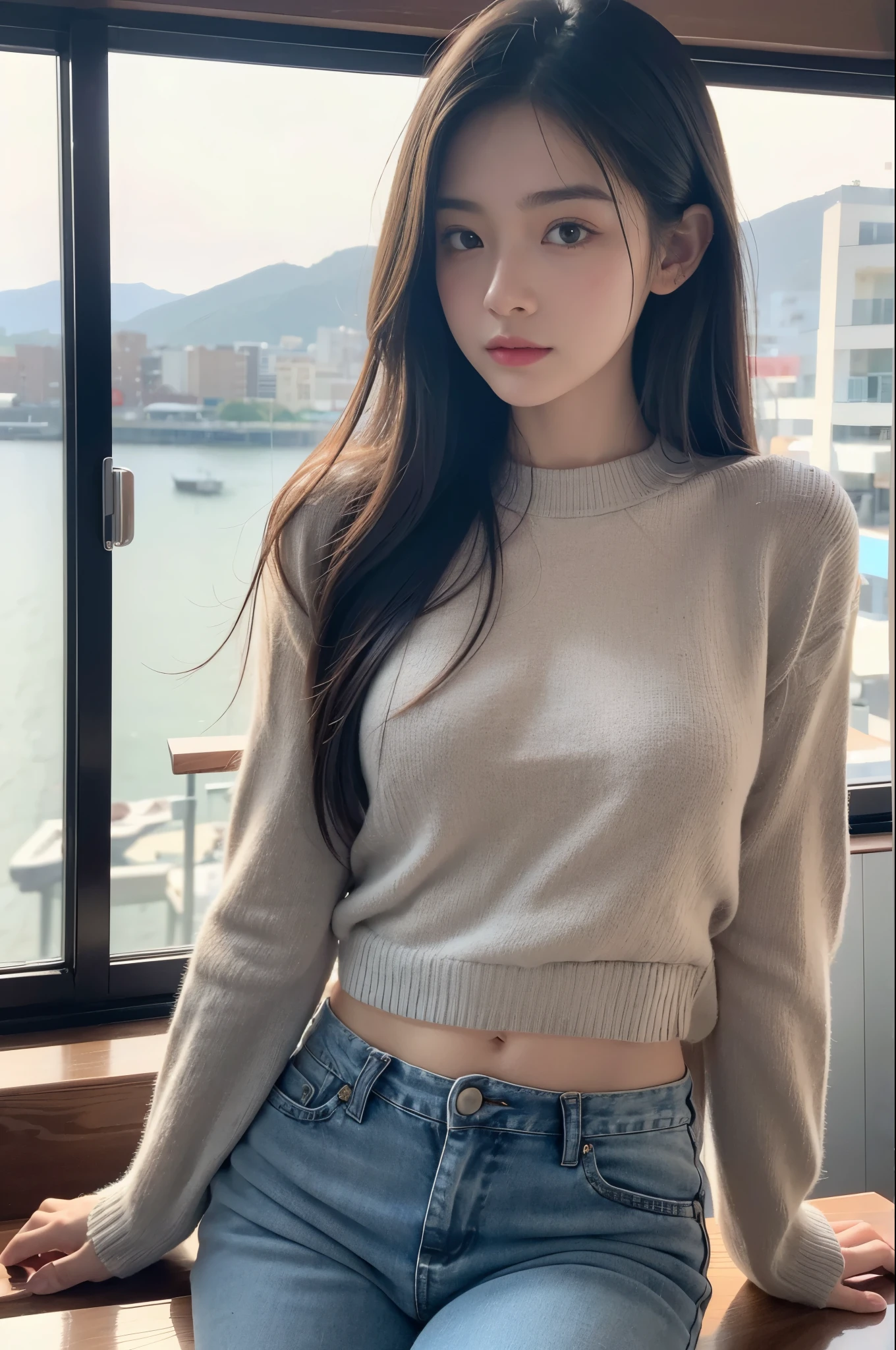 8K, Best Quality, Realistic Photos, Realistic details, Clear face, Delicate facial features, true skin glow, e lit Shy, Facing the camera, Girl sitting at a bar wearing a gray fishnet sweater and skinny jeans, clear bar background, Sea view, put your arms on the bar, lower back, Slim body,  24 years old, Charming, Seductive eyes