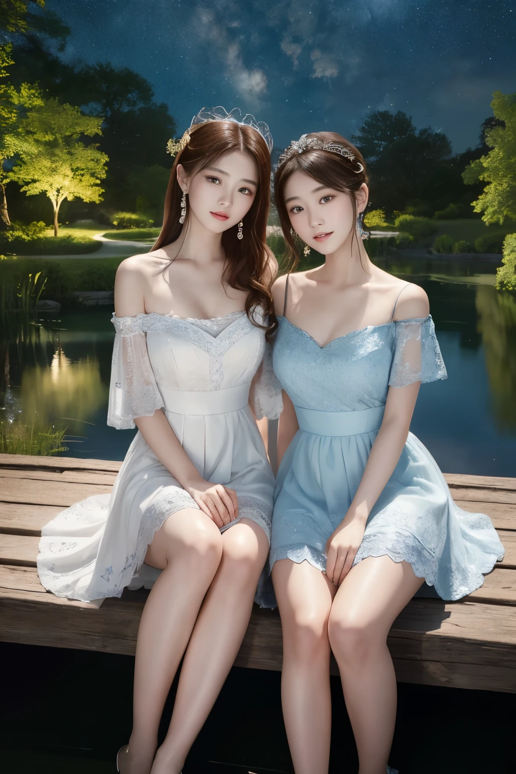 two girls, pretty girl、14 years old, smile, Summer Mini Dresses, thighs, underwear、8k, masterpiece, high detail, high quality, High resolution, 最high quality, 16k,