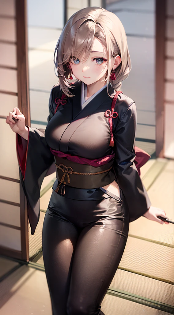 (ultra HD, work of art, texturized skin, super detaill, High details, high qualiy, best qualityer), face detailed, 1womanl, Mature and beautiful woman, ((Broad Hips, thick-thighs, Breasts huge)), ((Long, gray hair tied back:1.5)), ((white kimono), (pants), (Huge body), (cultivator), Stone-paved Courtyard, (narrow:1.3, narrow Ears, face markings)