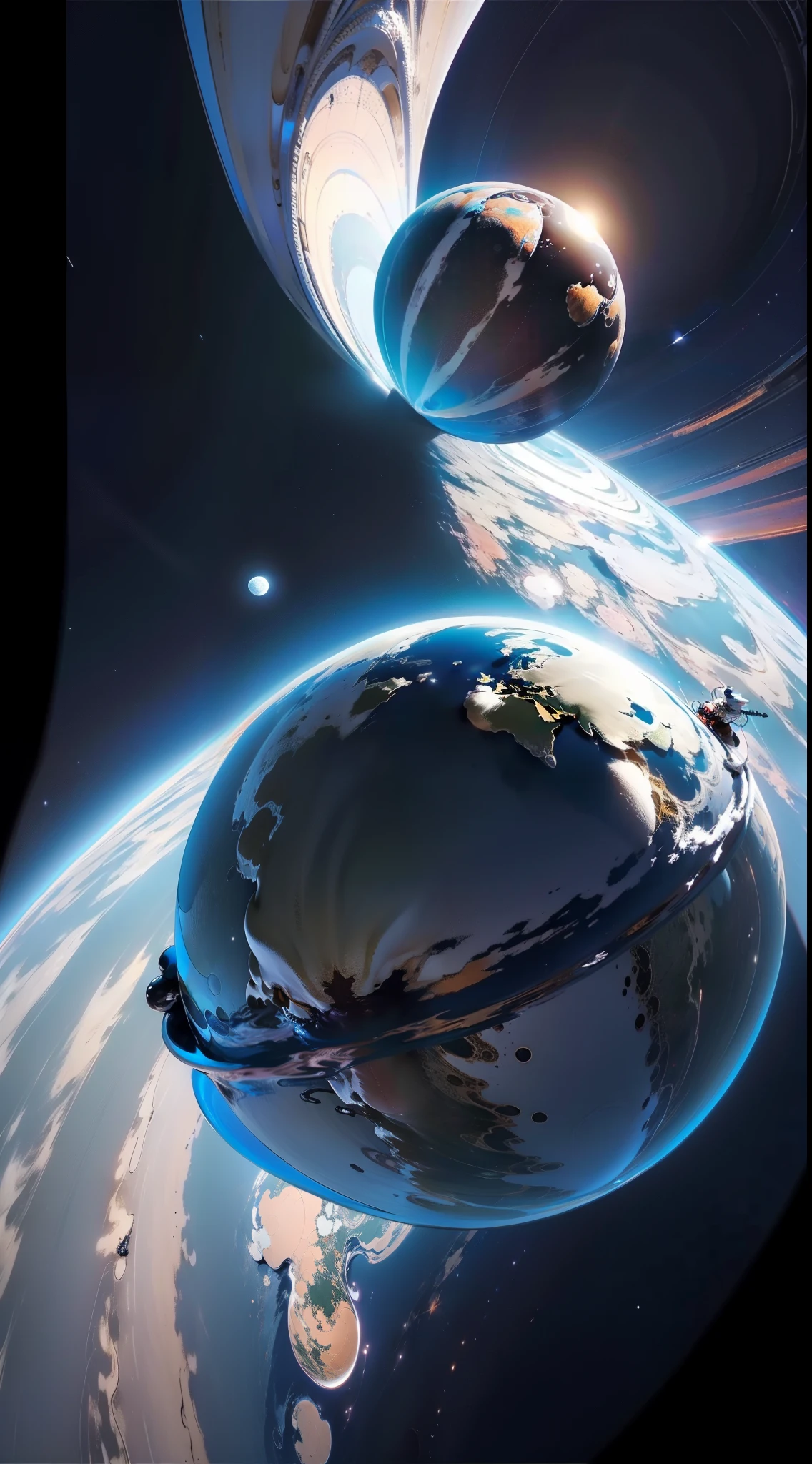 earth rotating in perspective around towards the camera and the moon following
