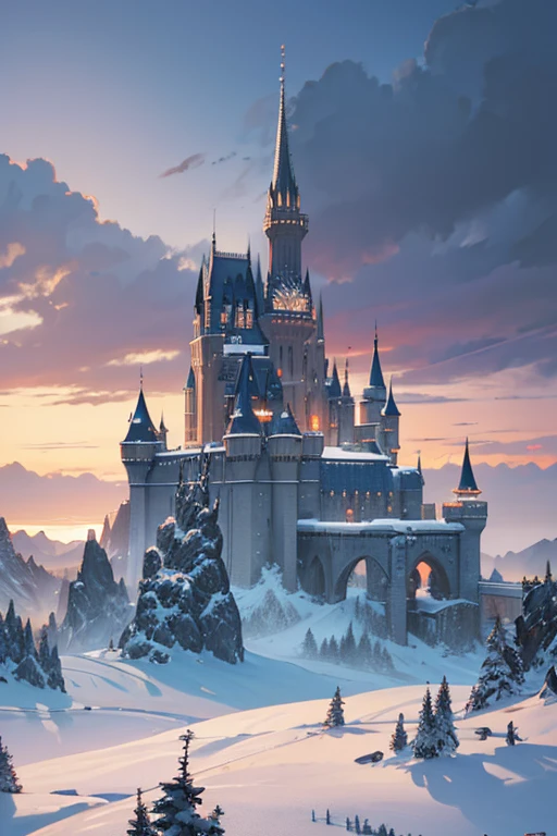 there is a castle there，Lots of windows and lots of snow, castle background, Detailed matte painting, Epic castle with towering spiers, Castle setting, Gondor, dark pastel castle background, High fantasy castle, A matte painting, Detailed matte painting, illustration matte paint painting, pay, Highly Detailed matte painting, elaborate matte painting