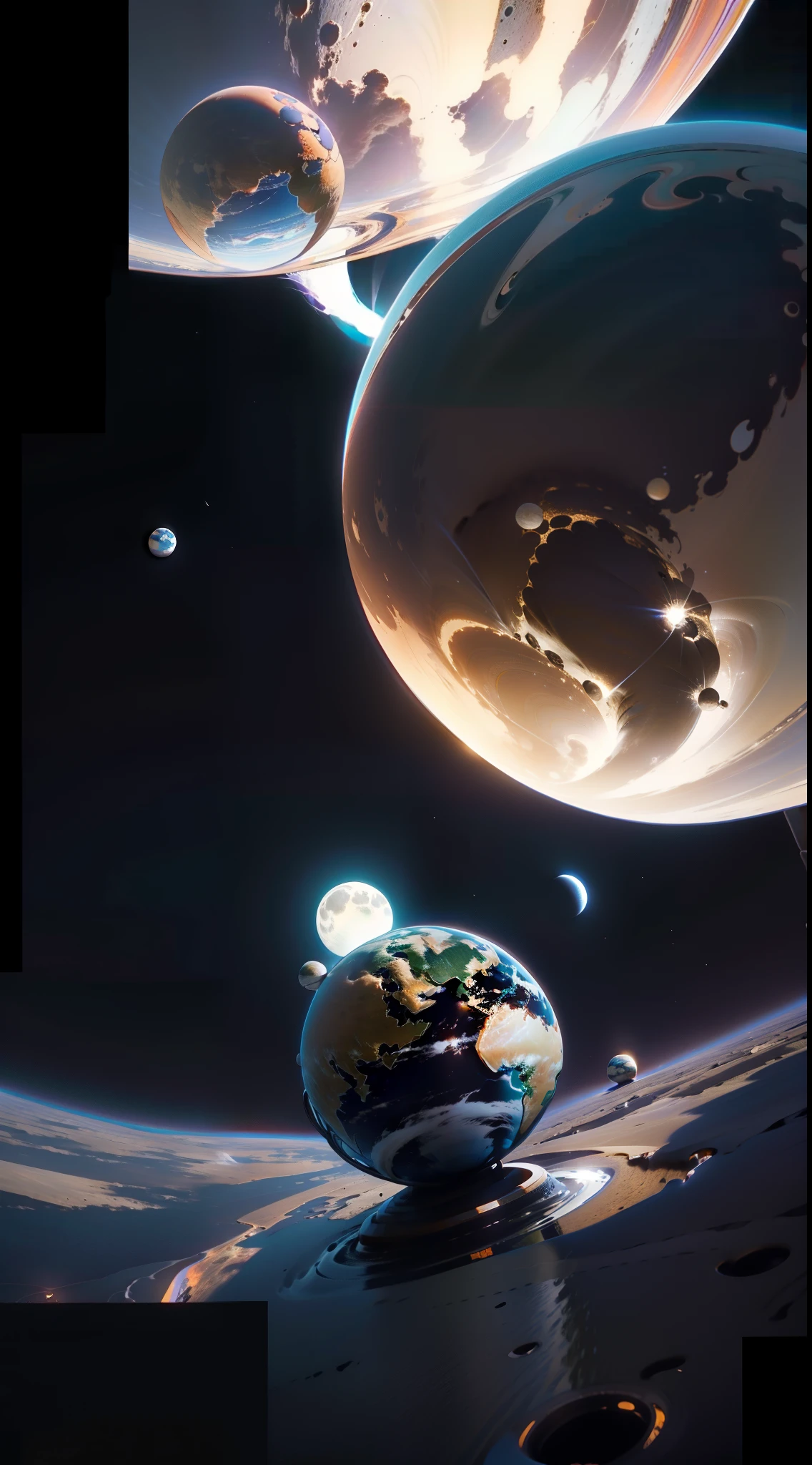 earth rotating in perspective around towards the camera and the moon following