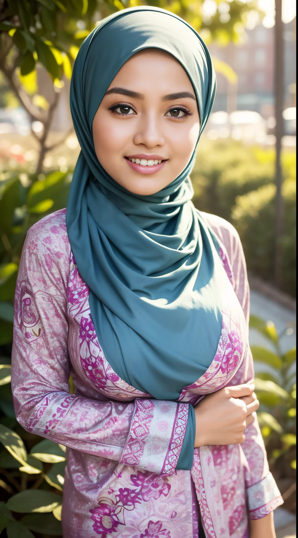 RAW, Best quality, high resolution, masterpiece: 1.3), beautiful Malay woman in hijab,Masterpiece, perfect  fit body, ((Huge breast)), biggorgeous eyes, Soft smile,muslim woman in a plain long sleeve shirt and hijab posing for a picture, hijab, with lovely look, with beautiful colors, with accurate face, pose 4 of 1 6, traditional beauty, batik, wearing beautiful clothes, beutifull, with beautiful exotic, attractive pose, cute pose, scarf, wearing plain chiton, very attractive , she is smiling,Delicate turtleneck, necklace, shairband, afternoon walk, City garden, Excellent lighting, Bright colors, Clean lines