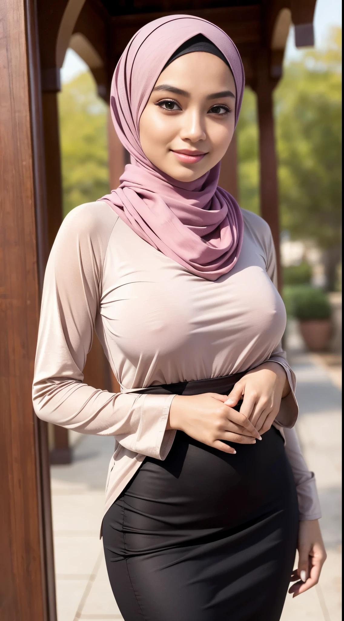 RAW, Best quality, high resolution, masterpiece: 1.3), beautiful Malay woman in hijab,Masterpiece, perfect fit body, ((Huge breast)), biggorgeous eyes, Soft smile,muslim woman in a plain long sleeve shirt and hijab posing for a picture, hijab, with lovely look, with beautiful colors, with accurate face, pose 4 of 1 6, traditional beauty, batik, wearing beautiful clothes, beutifull, with beautiful exotic, attractive pose, cute pose, scarf, wearing plain chiton, very attractive , she is smiling,Delicate turtleneck, necklace, shairband, afternoon walk, City garden, Excellent lighting, Bright colors, Clean lines