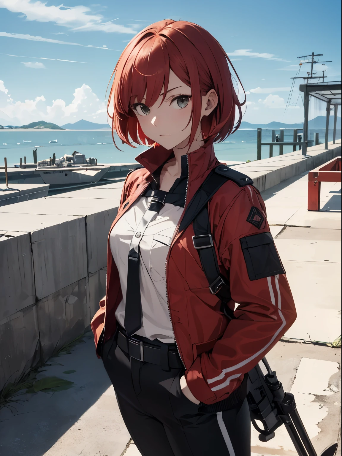 Absurd resolution, High resolution, (masutepiece:1.4), ultra-detailliert, Weapons testing ground at an empty dock by the sea, ung woman, Short red hair, Soldier Costume, a very serious expression, Upper body, hands in the pocket