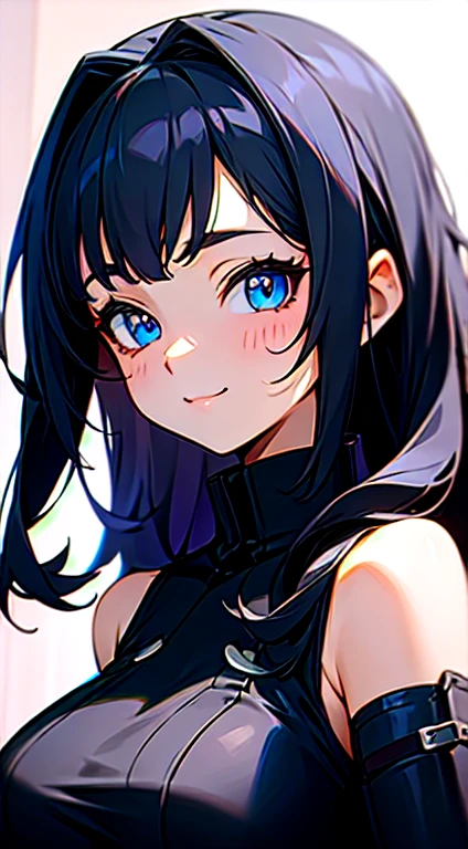 anime girl posing for picture, super big breasts, loli, close-up, smilling, blue eyes, black hair, long hair, black outfit,