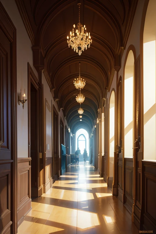 (best quality,4k,8k,highres,masterpiece:1.2), ultra-detailed, (realistic,photorealistic,photo-realistic:1.37), long hallway with a clock and a chandelier, dramatic lighting, concept art, Raphael alligator (Raphael Lacoste), anime-style concept art, environmental and concept art, dramatic concept art, Inspired by Raphael alligator, breathtaking atmosphere in concept art, infinite hallway, concept art, movie set design, professional concept art, detailed lighting and texture, hallway landscape, concept art scene