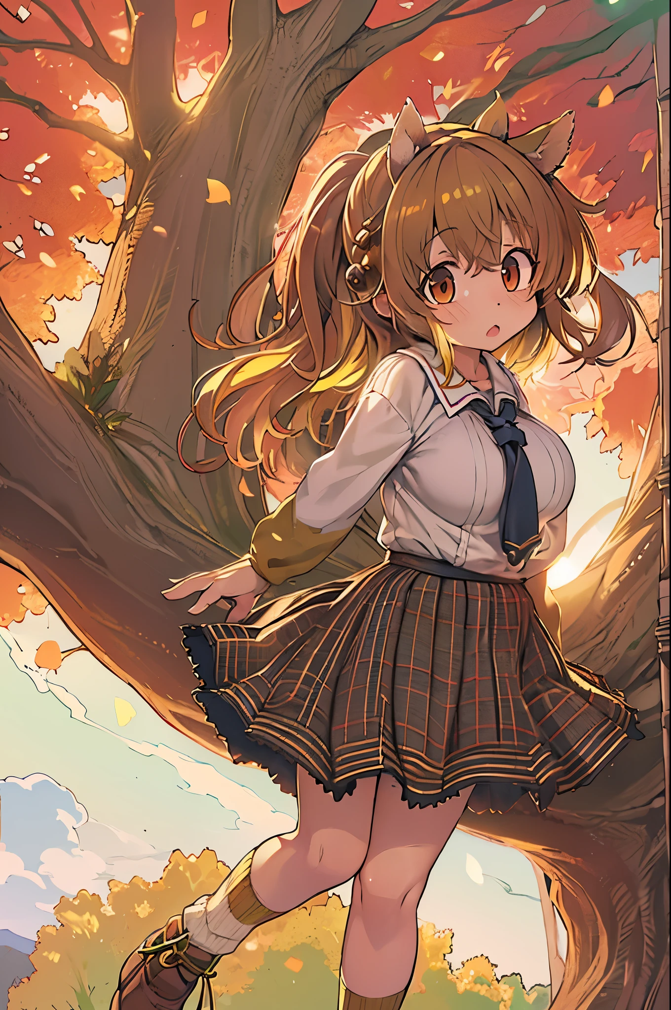 Sally Acorn, 1girl in, Solo, tree, skyporn, Outdoors, Skirt, cloud, brown, hair, Sunset, lens, f lare, Scenery, School, uniform, Sun, Wind, long, sleeves, animal snout、huge-breasted