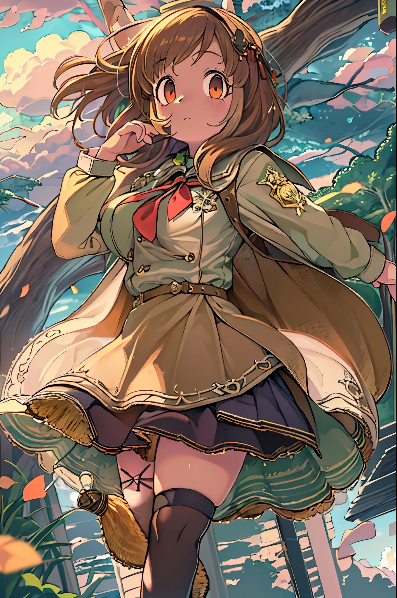 Sally Acorn, 1girl in, Solo, tree, skyporn, Outdoors, Skirt, cloud, brown, hair, Sunset, lens, f lare, Scenery, School, uniform, Sun, Wind, long, sleeves, animal snout、huge-breasted