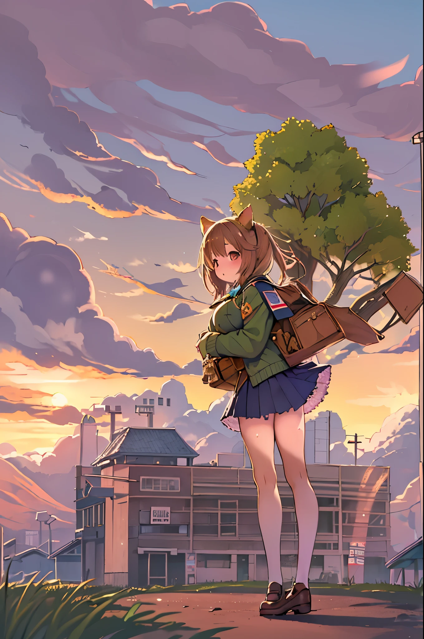 Sally Acorn, 1girl in, Solo, tree, skyporn, Outdoors, Skirt, cloud, brown, hair, Sunset, lens, f lare, Scenery, School, uniform, Sun, Wind, long, sleeves, animal snout、huge-breasted