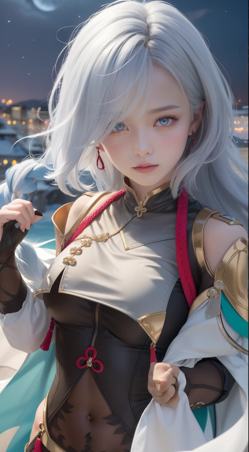 shenhedef, upper body, serious expression, blush, outdoors, night, futuristic town, dark moon sky, short hair, sky, looking at viewer, mountain, moody lighting, (perfect detail eyes:1.2), glowing eyes, (long hair one braid:1.2),
(Masterpiece, Best Quality, High Quality:1.4), professional artwork, Intricate Details, field of view, sharp focus, detailed painting, photorealistic lighting, trending on pixiv, (vivid lighting, vibrant colors:1.05), realistic shadows, ambient occlusion,detailed ,high quality