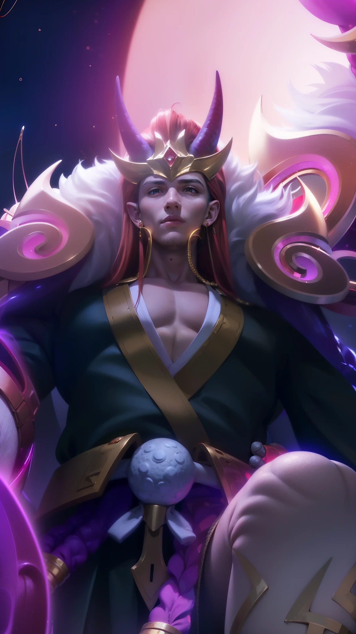 masculine male, masterpiece, ((perfect eyeest quality, (semirealism:1.9), beautiful lighting, (extremely detailed CG unity 4k fhd wallpaper), High Detail, Sharp focus, dramatic outdoors, 1 boy ,19 years old, red hair, blue eyes, Boy with two big horns, big earrings on ears, elf ear, red eyes, Thick eyebrows, evil smile, grinning,red body, red face, Burning skin, yellow diamonds glistening on chest, burning red skin,golden robe behind, big white belt , 8k , realistic, scary.