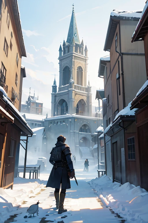 There is a painting of a snowy courtyard,statue with a bird on it, Arte conceitual de inverno, immensely detailed scene, anime scene, Anime landscape concept art, beautiful anime scenes, attack on titan scenery, castle scene manga, Snowy environment, Strong winter aesthetics, rpg scene, Opening scene, Magic Fantasy 2D Concept Art, Inspired by Benoit, concept art scene