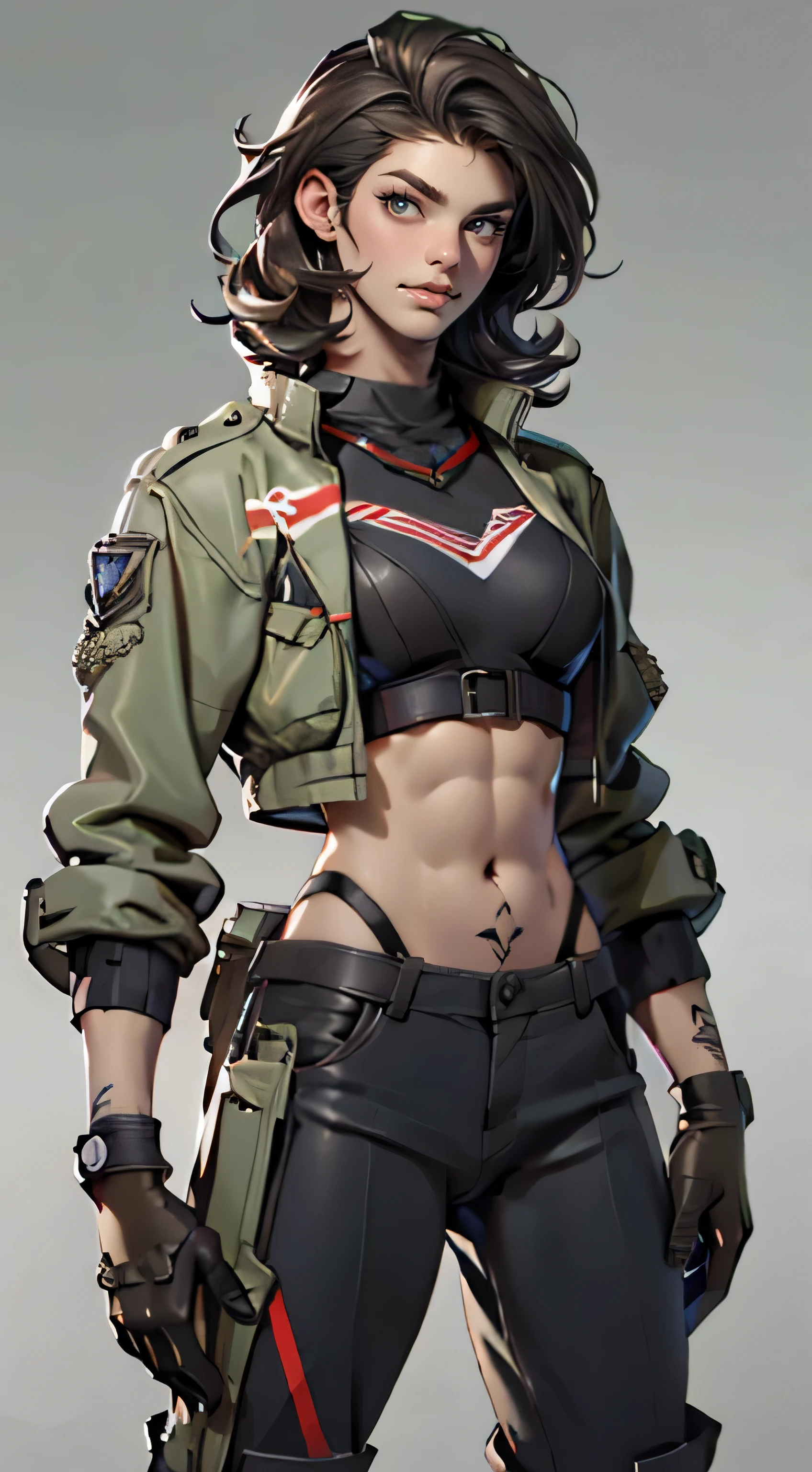 11:23(((Best quality at best: 1.4))),(Unbeatable masterpiece), (hyper HD),(Hyper-realistic 8k CG)、（dark colored hair） ((( body))), (((1 girl in))), 25-year-old American soldier with perfect body,,Beautiful and well-groomed face,muscular body:1.2,detailed solid color jacket, (Pictures from head to thighs)， Complex equipment, Dark Green，long trousers，Close-fitting clothes are dark，With white stars and off-white stripes,,,,,Metal electronic parts for armor, Poison tattoos )